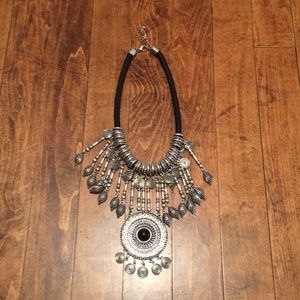 Stunning large silver and black boho necklace